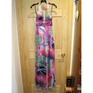 NEW deb Long Halter Formal Dress Deep V Sexy 7/8 Pink Purple Paisley Stunning!